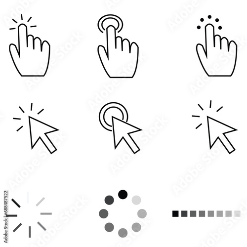 Computer mouse click cursor gray arrow icons set and loading icons. Cursor icon. Vector illustration. Mouse click cursor collection 8 0 4 0