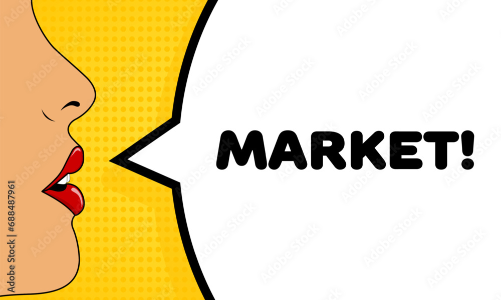 Market sign. Flat, color, talking lips, market sign. Vector icon