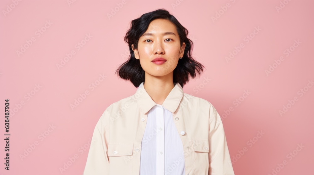 Beauty portrait of a Korean style icon with diverse hairstyles, flawless makeup, and modern wardrobe against a soft pink studio background. Beauty portrait of a Korean style icon with diverse hairstyles, flawless makeup, and modern wardrobe against a soft pink studio background.