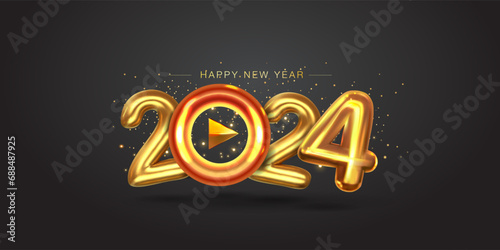 Start beginning or play button concept with happy new year 2024 text and musical background.