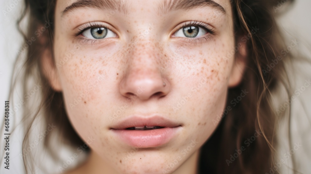 Imperfections highlighted as a teen girl poses against a light beige background. Imperfections highlighted as a teen girl poses against a light beige background.