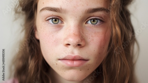 Teen girl with imperfect skin gazes at the camera against a beige backdrop.