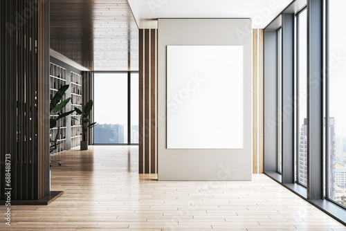 Modern office interior with bookshelf, wooden flooring, window with city view, daylight and blank mock up banner on wall. 3D Rendering. photo