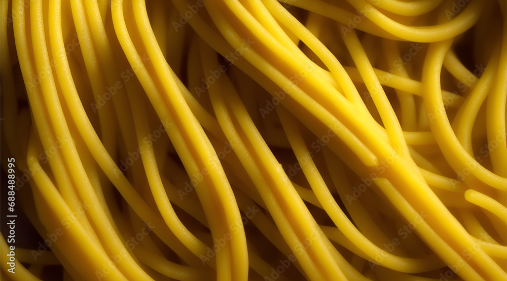 Close-up of a pile of spaghetti noodles. The noodles are arranged in a spiral pattern