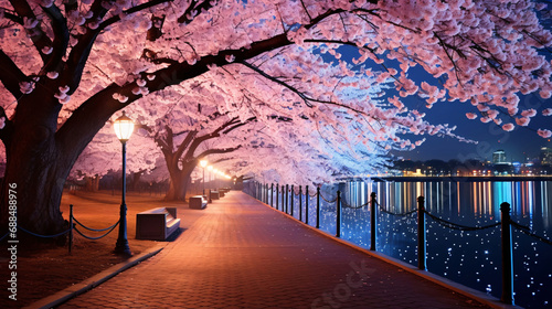 夜桜の風景、満開の桜の花が咲く夜景 © tota