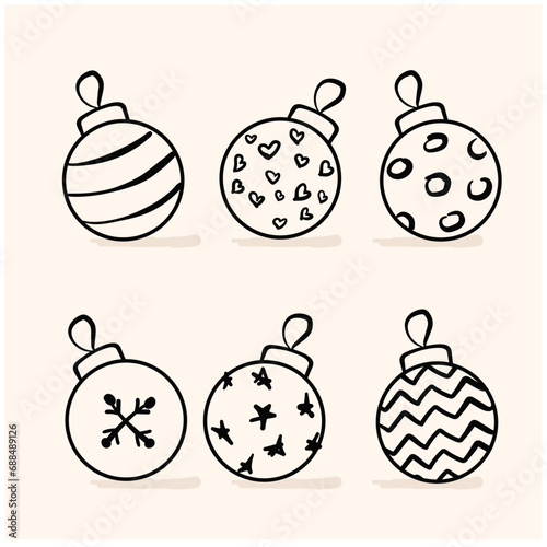 Different circle Christmas ball Doodle Line art, hand draw line sketch set.
