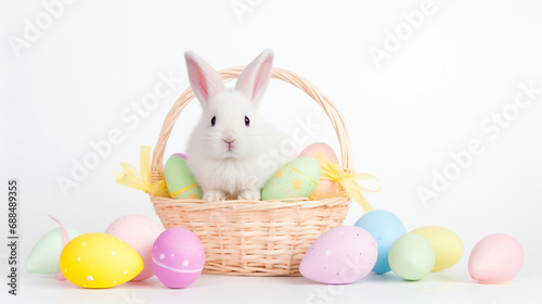 White Easter Bunny in basket with pastel eggs before white background