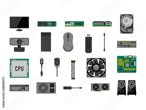 Personal Computer PC components. Vector Illustration Collection Computer parts. Motherboard, CPU, GPU, SSD, and Memory Modules, and Power Supply.