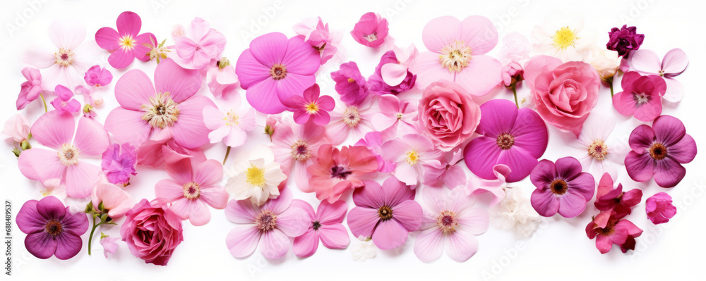 Assorted pink and rose flowers on white for Valentine's concept Assorted pink and rose flowers on white for Valentine's concept