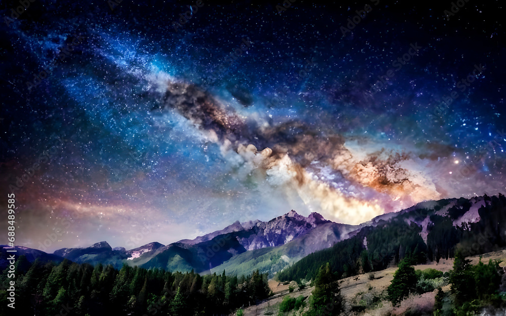 star in sky over mountains in forest