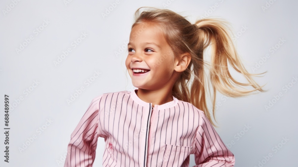Wearing cute sleepwear, the joyful little girl stands against a studio background bathed in soft pastel light. Wearing cute sleepwear, the joyful little girl stands against a studio background bathed in soft pastel light.