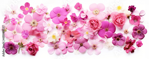 Assorted pink and rose flowers on white for Valentine's concept
