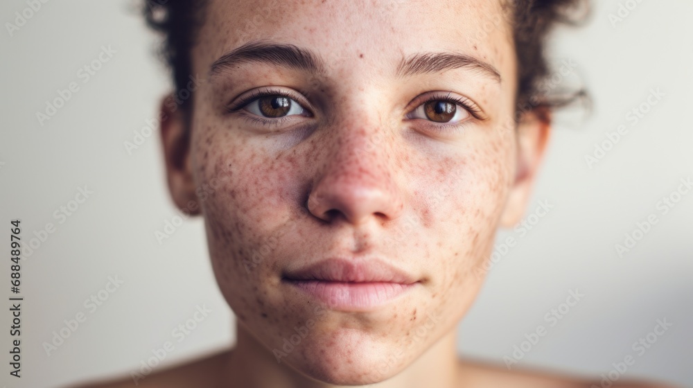 Obraz premium European lady confidently gazes at the camera, highlighting her flawed skin against a beige backdrop.