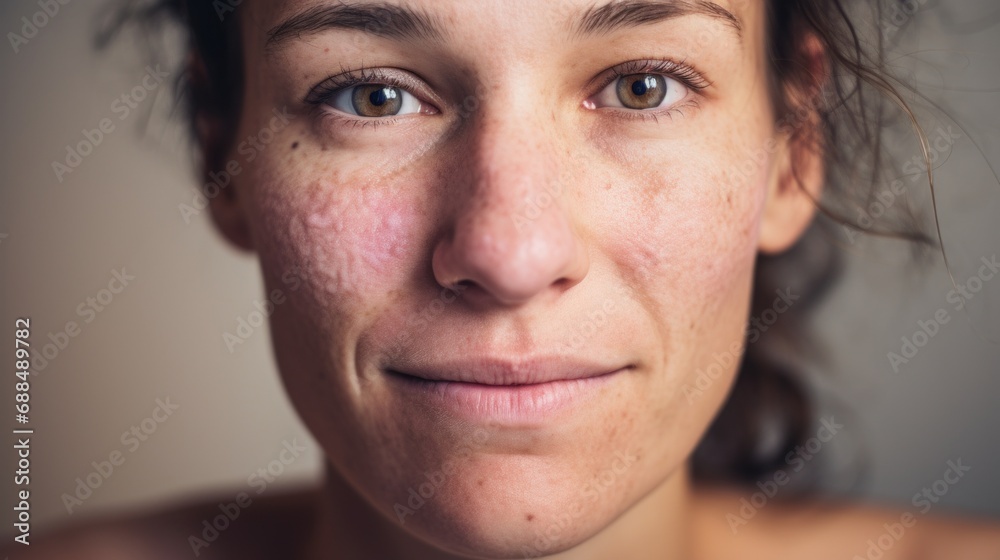 European lady gazes into the camera, showcasing her imperfect skin on a beige backdrop. European lady gazes into the camera, showcasing her imperfect skin on a beige backdrop.