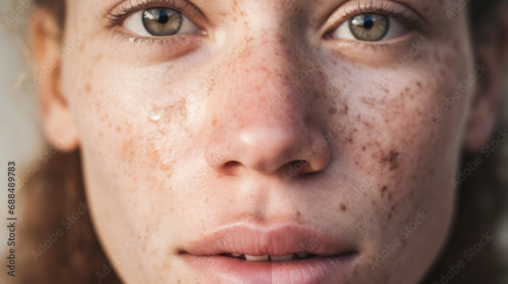 Imperfect skin takes the spotlight as a European woman poses against a studio light beige background. Imperfect skin takes the spotlight as a European woman poses against a studio light beige background.