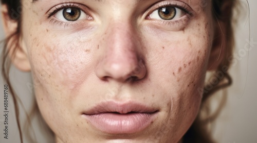 Imperfect skin takes center stage as a European woman poses against a studio light beige background.