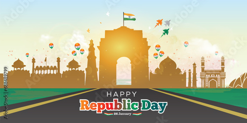 Republic day skyline of India gate. 26 january celebration and parade background.