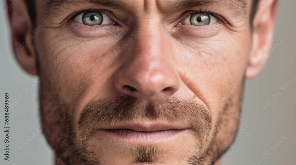 Extreme close-up highlighting the intensity of the man's gaze. Extreme close-up highlighting the intensity of the man's gaze.