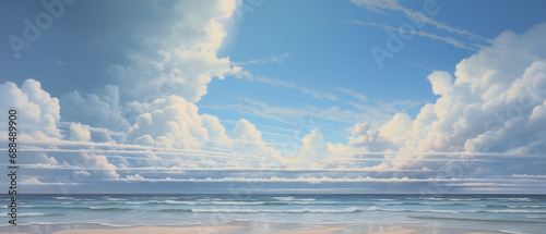 White sandy beaches and a long shoreline - spectacular high clouds over the ocean with a far horizon.