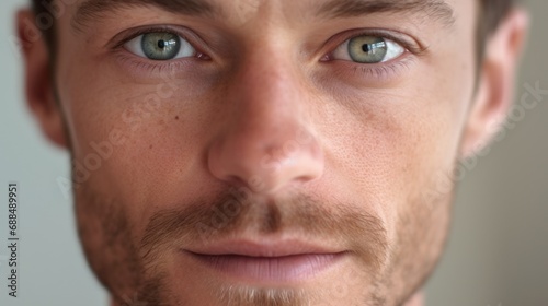 The camera captures the man's eyes in intricate detail.
