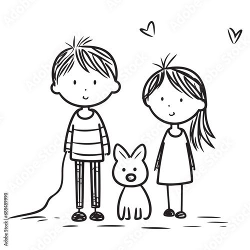 Vector hand drawn Boy, girl and dog