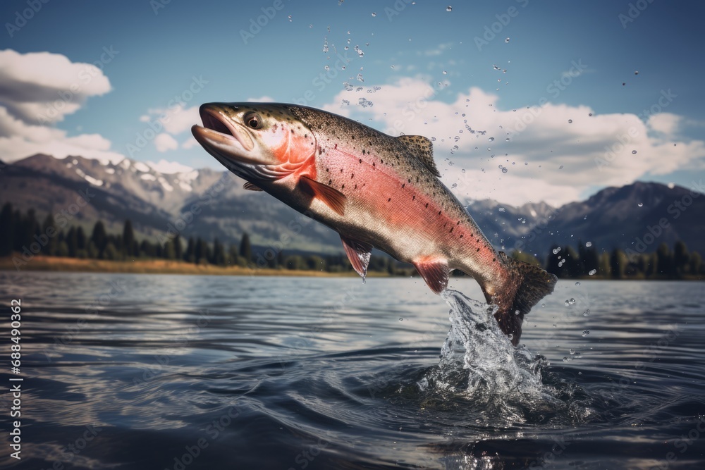 trout fish jumping out of water - obrazy, fototapety, plakaty 