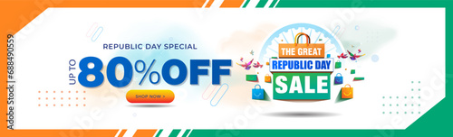 Web banner background for India Republic day. 80% off on shopping sale offer. 3d happy bags and tricolor vector illustration.
