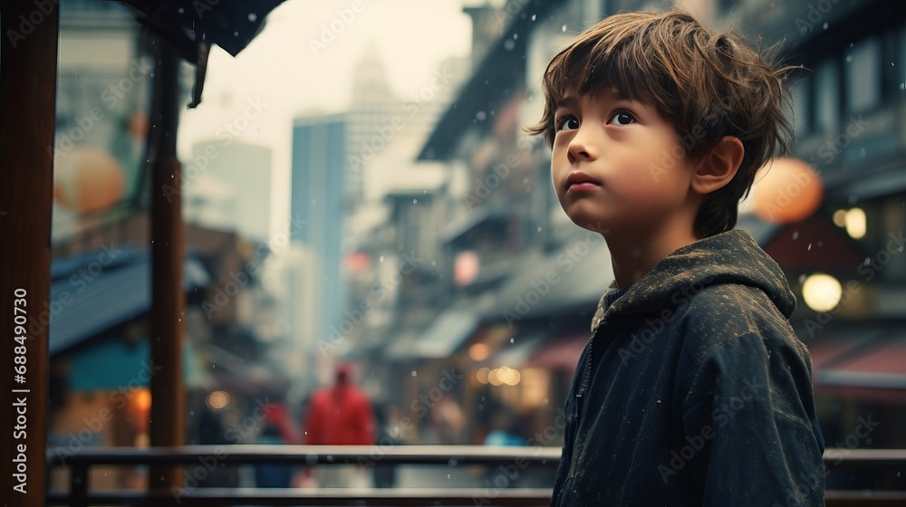 Young Boy Standing on Rainy Balcony Young Boy Standing on Rainy Balcony