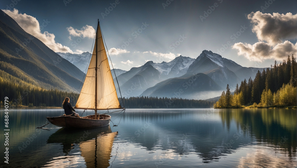 A person peacefully sailing on a serene lake.