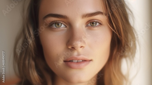 A captivating gaze from a young European lady in the photo.