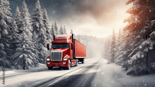 red truck drives on road with snowy forest around