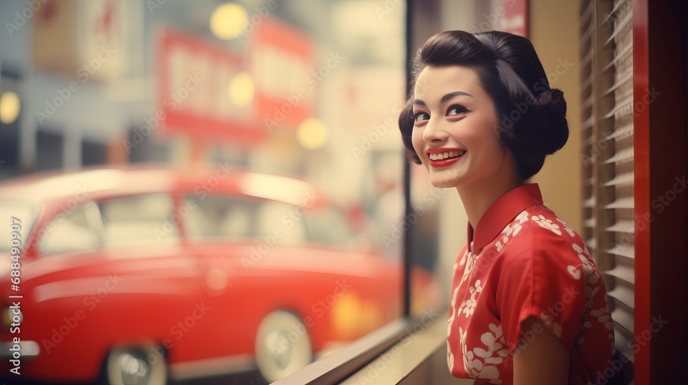 Woman in a Red Dress Gazing Out of a Window