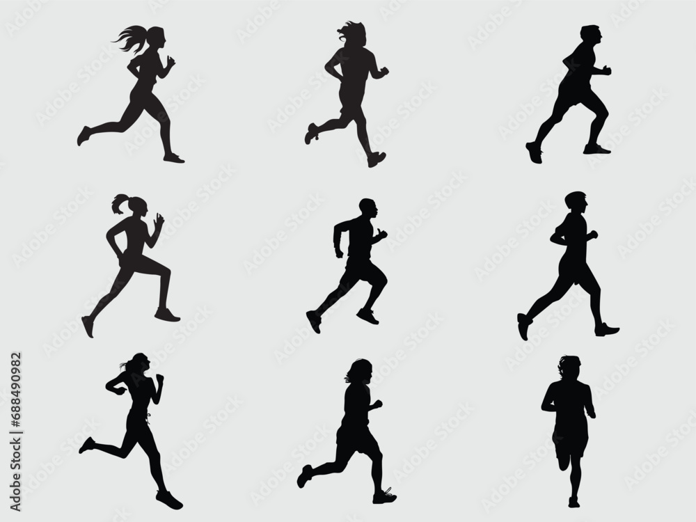 Run. Set of silhouettes of running men and women. Active people