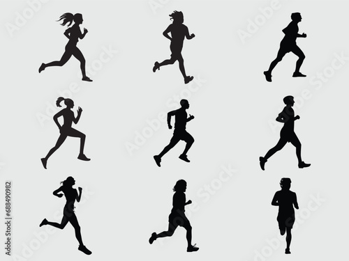 Run. Set of silhouettes of running men and women. Active people