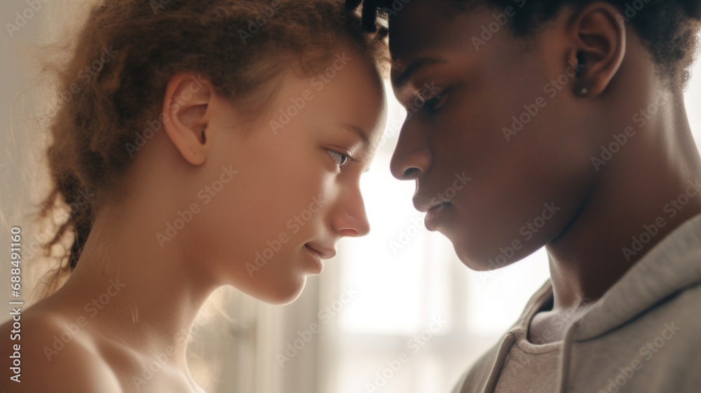 Man and woman in a warm embrace indoors