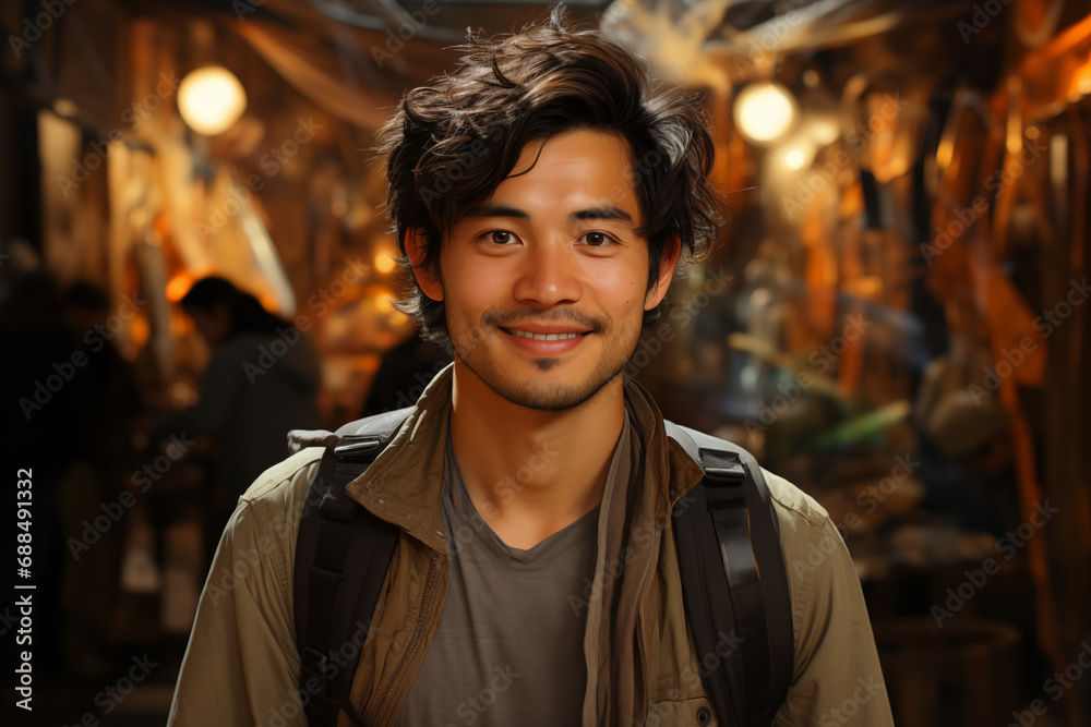 portrait of smiling young man with backpack a blurred urban background