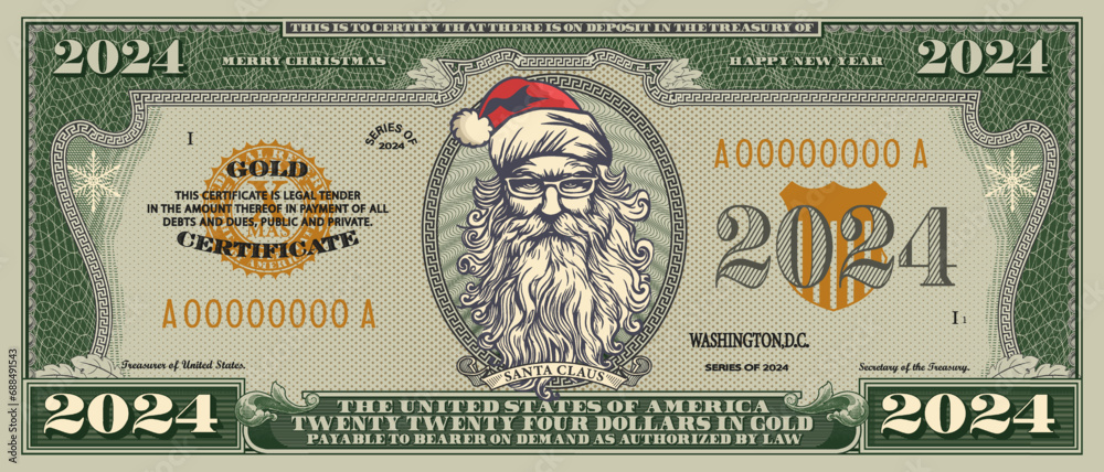Vector obverse of banknote of denomination 2024 US dollars. Portrait of a stern Santa Claus with a big beard. Merry Christmas and Happy New Year. Holiday gold certificate. Frame with guilloche pattern - obrazy, fototapety, plakaty 