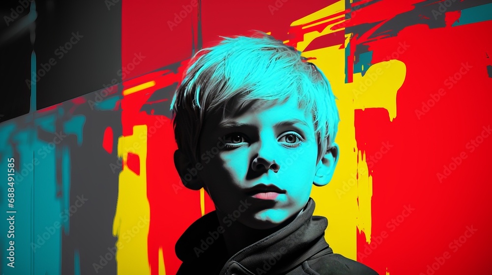 Obraz premium Young Boy Poses in Front of Vibrant Wall