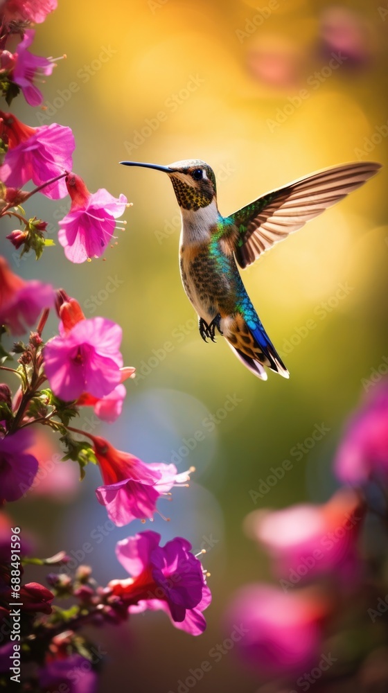 Fototapeta premium A hummingbird flying through the air next to pink flowers. Generative AI.