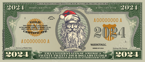 Vector obverse of banknote of denomination 2024 US dollars. Portrait of a stern Santa Claus with a big beard. Merry Christmas and Happy New Year. Holiday gold certificate. Frame with guilloche pattern