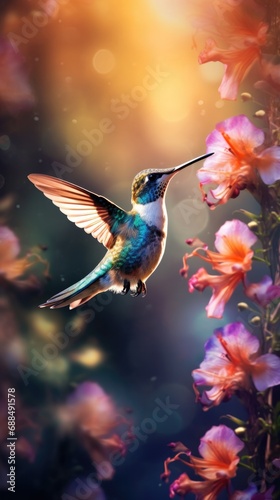 A hummingbird flying through the air next to pink flowers. Generative AI.