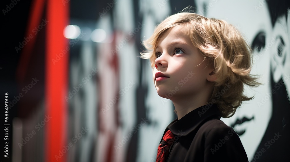 A Young Boy Standing in Front of a Wall A Young Boy Standing in Front of a Wall