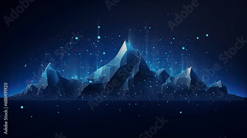 Abstract digital mountains range landscape with glowing light dots against a technology blue background. Futuristic low poly wireframe illustration conveying data mining and management concept.