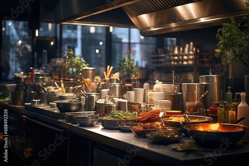 A bustling kitchen with chefs skillfully preparing dishes  symbolizing the dynamism of the culinary world. Generative Ai.