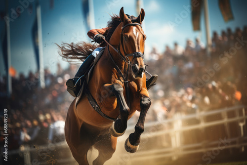 Equestrians participating in a thrilling show jumping competition, showcasing the agility and coordination of horse and rider. Generative Ai.