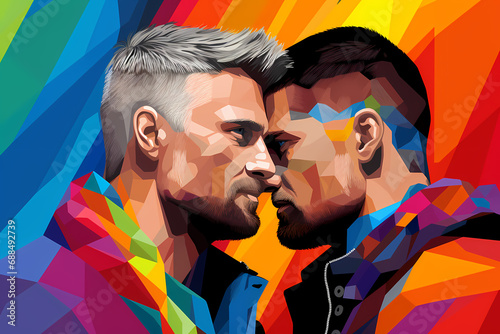 Two smiling gay men embrace and kissing. on a colorful cheerful background.
