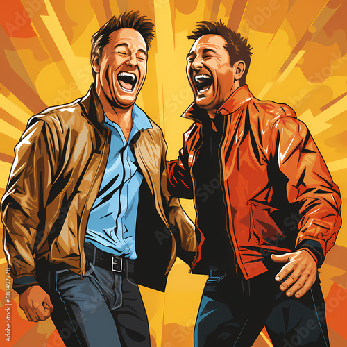 Two smiling gay men embrace...