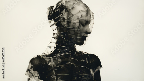 Entangled - B&W Portrait of Female Model in Dystopian Fashion Outfit with Semi-Transparent Head and Shoulder Covering, Divided by Multi-Tiered Membranous Cells Creating Enveloping Sections photo