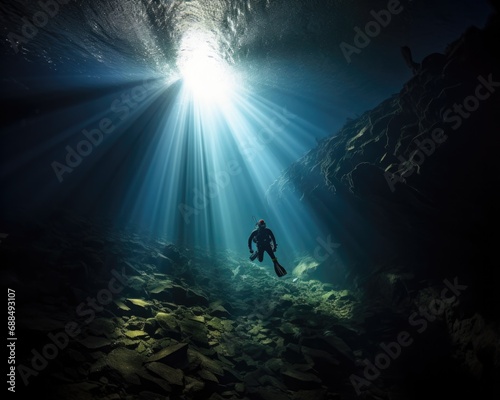 A man in a wet suit swimming in underwater cave. Generative AI.