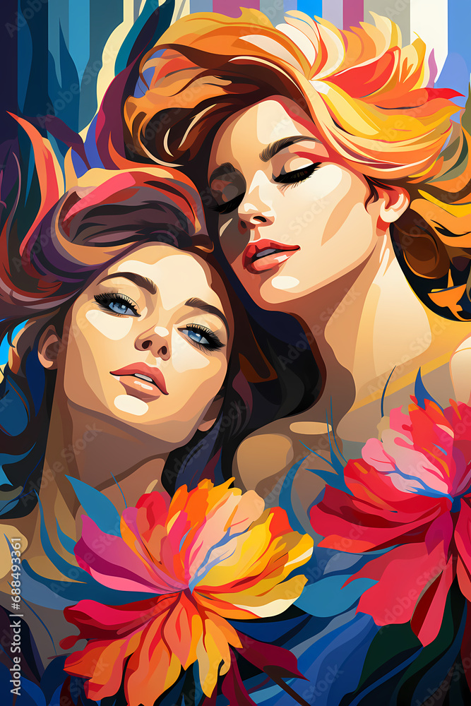 Female lesbian friend hug. Women embracing each other, expressing love, affection, support. Illustration for friendship Female lesbian friend hug. Women embracing each other, expressing love, affection, support. Illustration for friendship